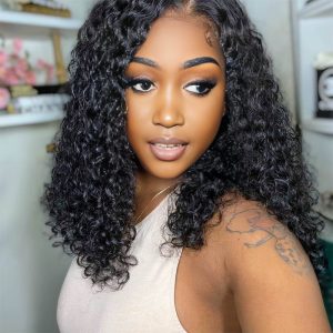 center wig natural black remy hair 2x6 lace closure deep wave bob human hair wig